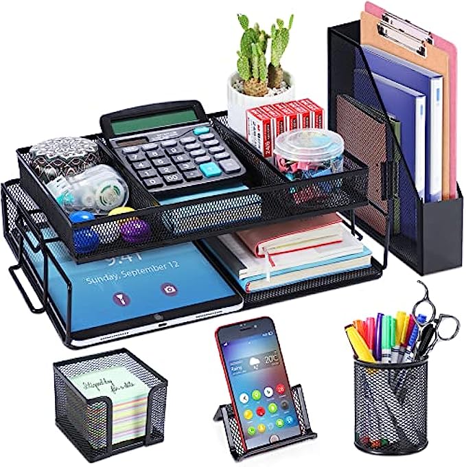 6 Pcs Desk Organizers and Accessories, Mesh Desk Organizer Office Supplies with Business Card Holder Desktop Organizer with Paper Tray/Pen Holder File Organizer for Desk Accessories for Home &amp; Off